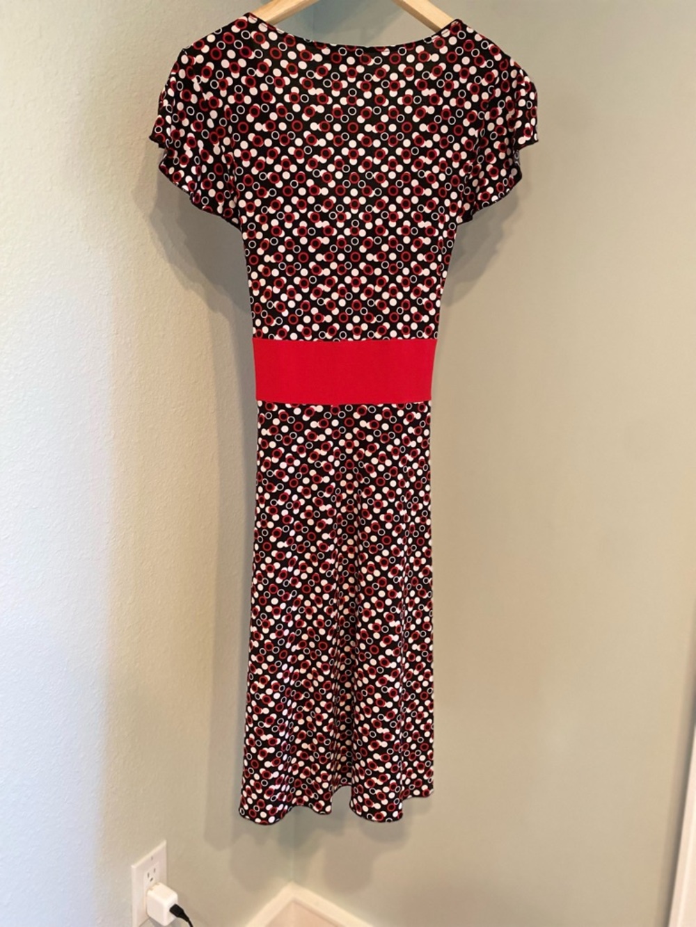 Ruby Rox Black Polka Dot Midi Dress with Red Trim and Waist Tie - Picture 2 of 5